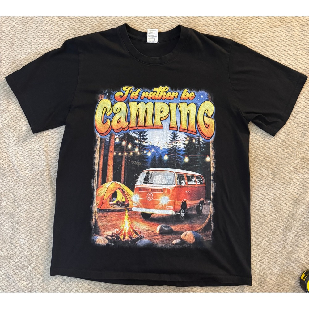 Mens Id Rather Be Camping VW Bus Graphic T-Shirt Black Size M Cotton Hippie